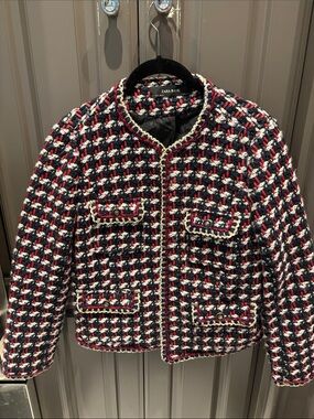Zara Tweed Collarless Jacket - Navy, Red & White